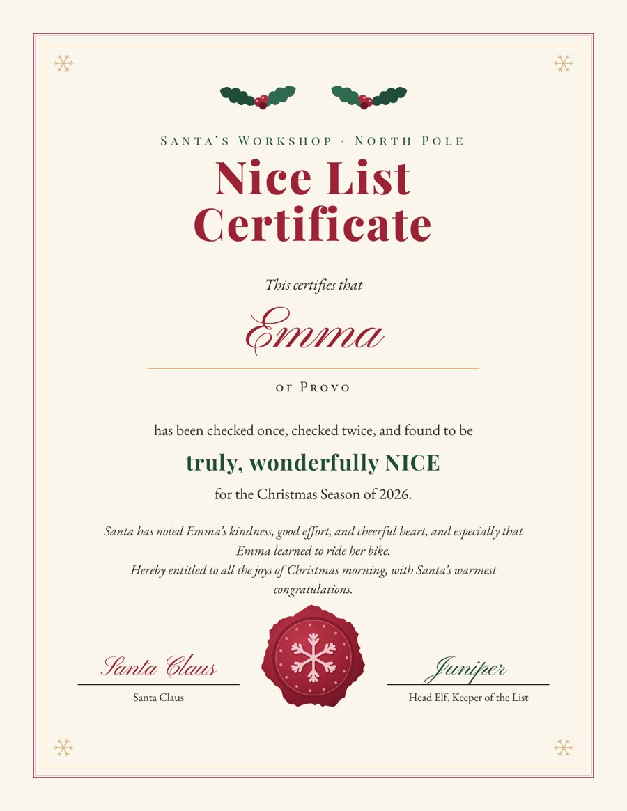 Sample Nice List certificate for Emma of Provo