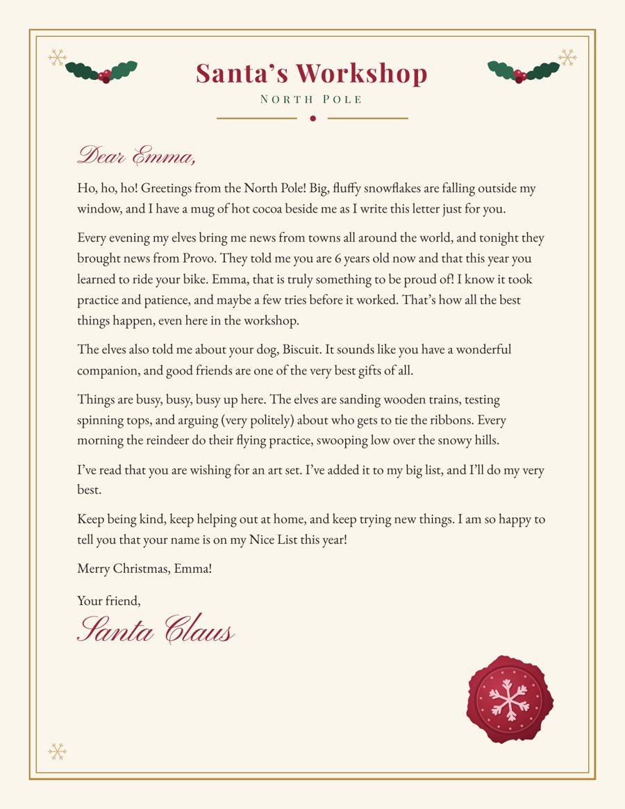Sample letter from Santa to Emma